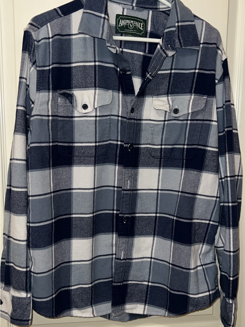 American Eagle Gray & Navy Plaid Flannel Shirt